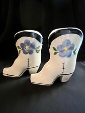 Vintage Mini Pair Of Porcelain Cowgirl Boot Vases With Hand Painted Blue Flowers picture