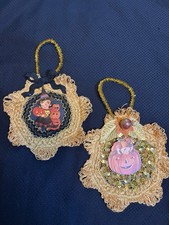 Set of 2 Handmade HALLOWEEN Ornaments Retro Victorian Jack O Lanterns Gold Braid picture