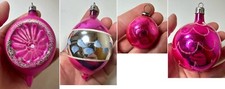 Lot 4 Vtg MCM Jumbo Hot Pink Fantasia Indent Teardrop Bulb Glass Ornament Poland picture