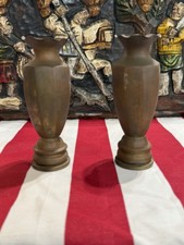 Vintage WWI Trench Art Brass Shell Casing Vases Pair 8”  Fluted Rim Rare picture