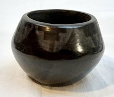 Antique Santa Clara Blackware Clay Bowl Native American Matte Geometric 1920s 3” picture