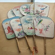 LOT (9) Vtg Hand-Painted Chinese Silk Bamboo Paddle Fans Birds Butterfly Florals picture