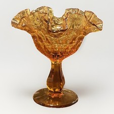 Fenton Amber Glass Pedestal Compote Ruffled Edge Honeycomb Pattern Vintage Retro picture