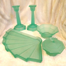 RARE Art Deco Bagley Whitby 3002 Uranium Frosted Glass Vanity Dressing Table Set picture