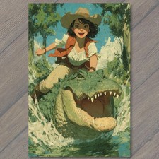 POSTCARD Cartoon Girl Riding Alligator Animal Adventure Wildlife Nature picture