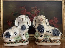 Pair Staffordshire Style 2 Bunny Rabbit Painted Figurines Statues Blue 6.5