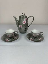 Vintage Chinese Porcelain Coffee Pot Set Greenish Gray Floral Pink Flowers picture