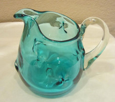Vintage Hand Blown Blue Glass Pitcher Unique Pattern Generous Handle 5-3/4