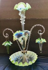Exquisite Antique Victorian Opalescent White & Green 8 Pcs Art Glass Epergne Exc picture