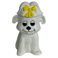 Vintage Doranne White Dog Cookie Jar Smiling Big Eyes Yellow Bow 13