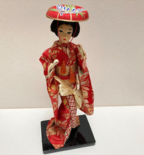 Vintage 1970s Japanese Collectible Doll Geisha Red Silk Kimono Hat 11