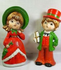 Vintage Christmas Carolers 2 Ceramic Figurines - Boy and Girl Very Old - Taiwan picture