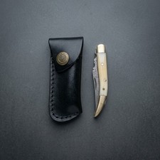 Custom Damascus Steel Slipjoint Knife Exotic Camel Bone EDC with Leather Sheath picture