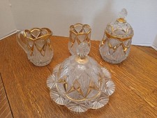 Antique EAPG Butter Dish, Creamer, Sugar, Spooner Set.  6 Pieces. Gold Trim picture