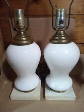 Pair Antique White Milk Glass Table Lamps ,Marble Base, Brass, Original Finials picture