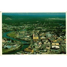 Vintage Fairbanks Alaska Aerial View Postcard 1980 APO Postmark Chena River City picture