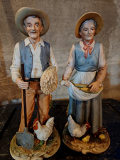 HOMCO HOME INTERIOR 13 INCH FIGURINES OLD FARMERS 8744 WITH CHICKENS CORN WHEAT picture