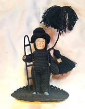 Handmade Black Chimney Sweep Figurine 6 in Fabric/Wood w/ Ladder & Broom picture