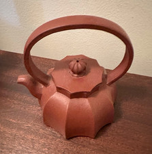 Chinese Yixing-Style Red Clay Teapot, Octagonal w/ Markings, Arched Handle picture
