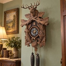8 Days Vintage German Cuckoo Clock Hand Carved Hunting Deer Rabbit Pine Cone picture