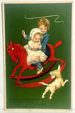 PFB Marie Flatscher Postcard Children Riding Red Wooden Rocking Horse Dog u/s picture