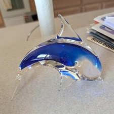 Blue & Clear Art Glass Dolphin Figurine Signed 