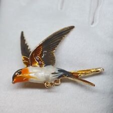 Enamel Flying White Orange Brown Bird Goldtone Brooch Pin picture