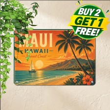 Hawaiian Sunset Sailboat Sign Coastal Maui Island Vacation Metal Tin Plaque picture