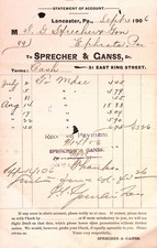 1906 Lancaster PA Sprecher & Ganss Statement of Account Invoice Receipt Paid picture