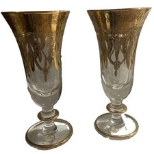 2 SC Line Italy Champagne Goblet Wine Clear Glass Cristallerie Gold Geometric  picture
