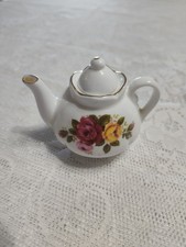 •Vintage Cottage Rose Fine Bone China Miniature Teapot Gold Trim Floral Pink Red picture