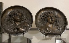 Pair of Antique Art Nouveau 9”Allegorical Bronze High-Relief Plaques picture