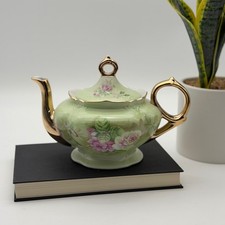 Vintage Lefton China Hand Painted Pink Rose Teapot 05857 Green Gold Trim picture