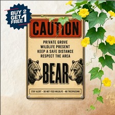 Wild Bear Territory Warning Sign Rustic Forest Cabin Metal Tin Wall Plaque picture