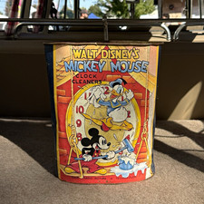 Walt Disney Mickey Mouse Clock Cleaners Advertising Tin Red Yellow Blue picture