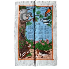 Vintage 1991 National Wildlife Federation Calendar Linen Tea Towel BirdsSquirrel picture