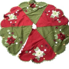 Avon Felt Christmas Tree Skirt Poinsettias Appliques Embroidered Red Green 46” picture