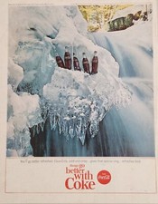 1964 Print Ad Coca-Cola Soda Pop Bottles of Coke in Icy Waterfall picture