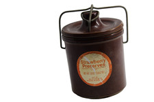 Vintage 1970's stoneware crock wire bail lock and lid held strawberry preserves picture