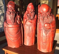 Fu Lu Shou Antique Large Rare Hand Carved Bamboo Chinese Statues Three Star Gods picture
