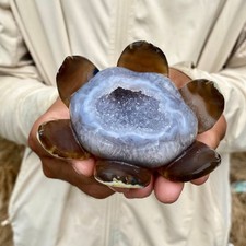 285G Natural Agate Geode Carved Lotus Flower, Hand Carved Healing Crystal Home D picture