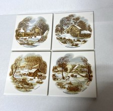 VTG Currier & Ives Winter Scene Ceramic Tile Set Of 4 Decorative Art Tiles 6