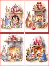 VALENTINE BUNNY RABBIT VICTORIAN VINTAGE FAMILY CANDLES 8 BLANK GLOSSY CARDS picture