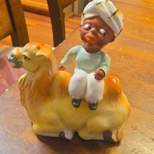 Vintage 1950s Japan Black Boy & Camel Salt Pepper Shakers Ceramic Gennie Set Rar picture