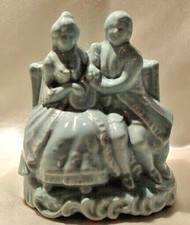 Vintage Blue Pottery Ceramic Planter Vase, Victorian Colonial Couple Sitting picture