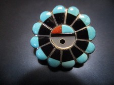 Vintage Native American Zuni Sunface Sterling Silver Turquoise  Brooch Pendant picture