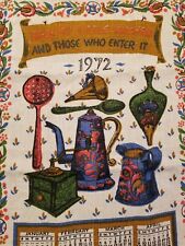 1972 LINEN Ecru Calendar Tea Towel BLESS MY LITTLE KITCHEN Shabby Chic Country picture
