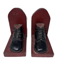 Vintage Baby Leather Shoes Shellac Hardened Wood Bookends Farmhouse Cottage Core picture