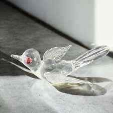 Hand Blown Art Glass Clear Bird Figurine Delicate With Red Orange Eyes Hand Made picture