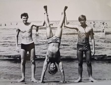 Shirtless Handsome young men acrobat bulge beach gay vintage photo picture